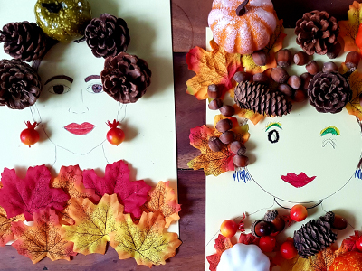 femmes d'automne avec feuilles, pommes de pin, noisettes