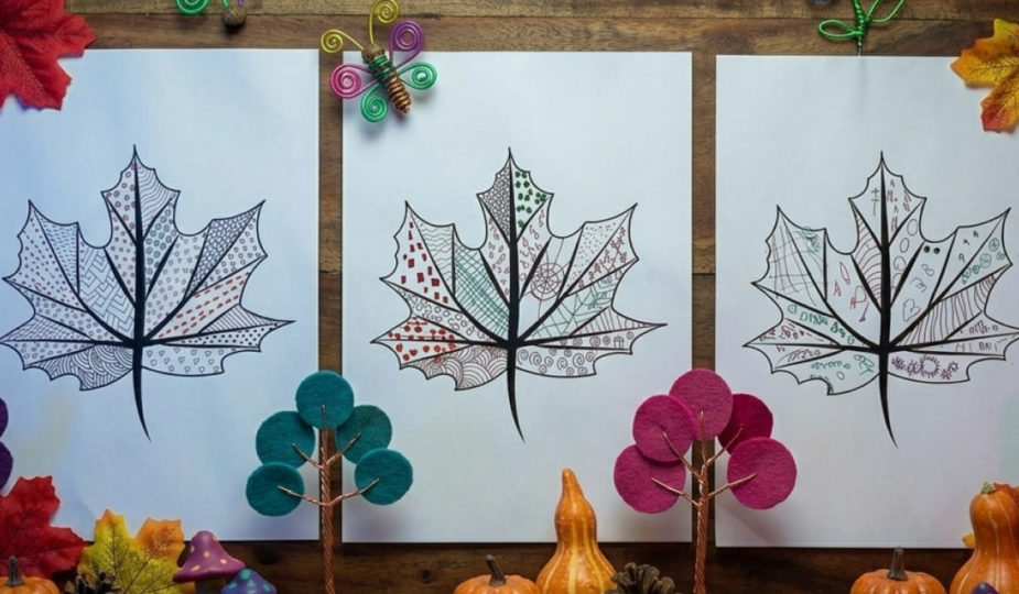 enfant, graphisme sur feuille d'automne