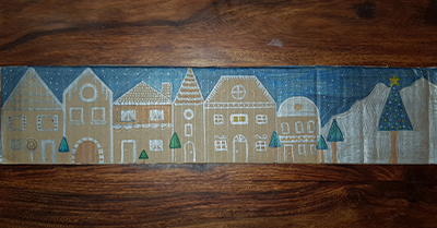 dessin village sur carton, jour de Noël
