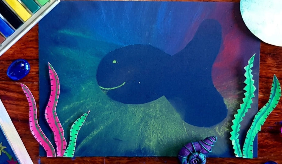 pochoir inversé poisson pastel sec