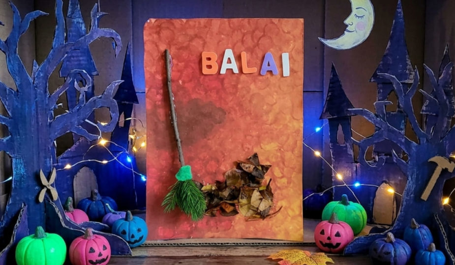 création d'enfant, le balai feuilles automne