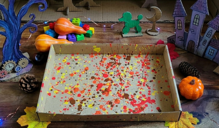 plateau dinette à la manière de Jackson Pollock, couleurs automnales