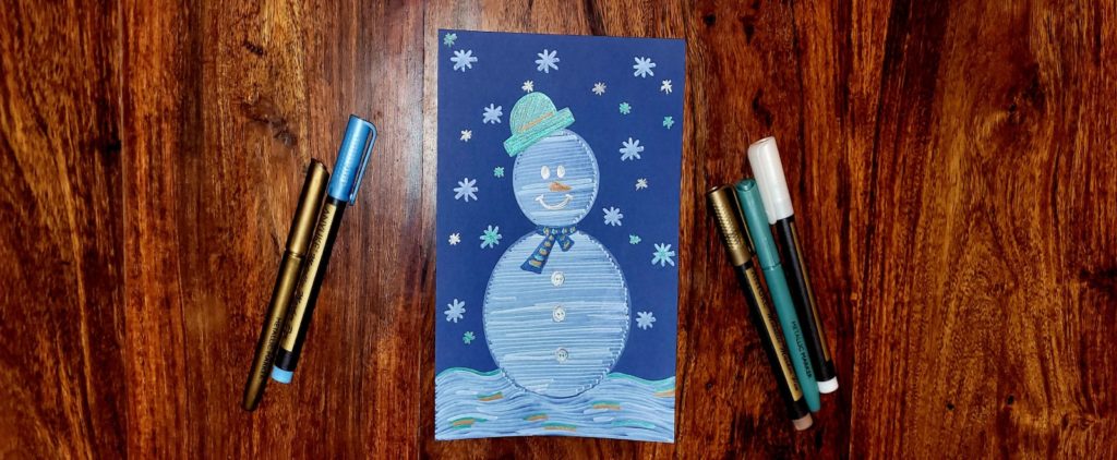 bonhomme de neige, feutres métalliques, dessin