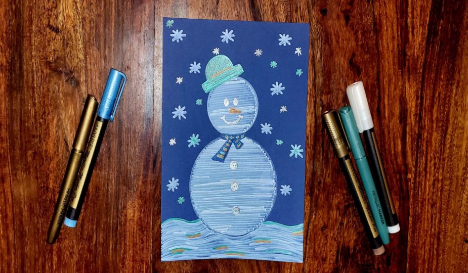 bonhomme de neige, feutres métalliques, dessin