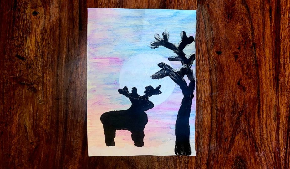 peinture enfant renne, la lune, arbre à la peinture